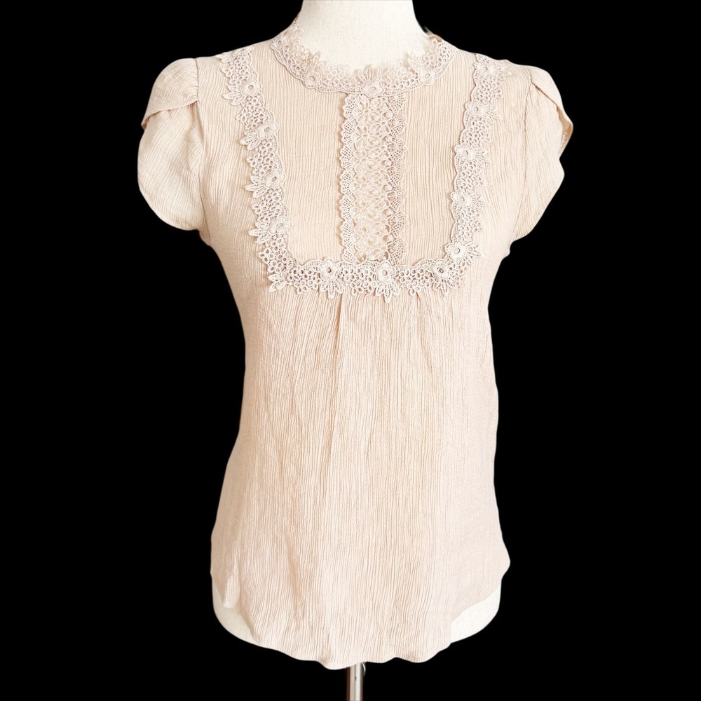 MINE Women Lace Trim Cap Sleeve Top sz M Beige crochet Y2K‎ boho cottagecore